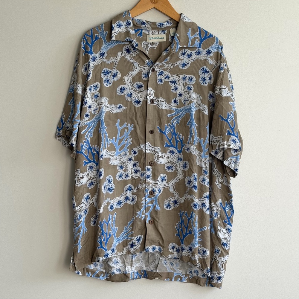 Caribbean Rayon Coral Print Button Down Shirt XL